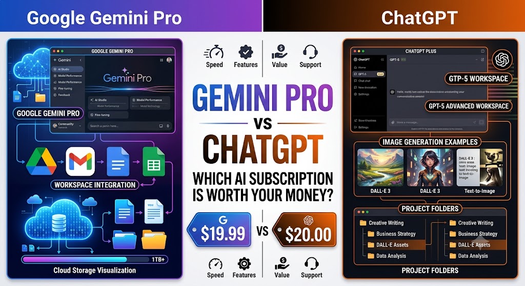 SEO Title Gemini Pro Price vs ChatGPT Price: Which AI Subscription Gives Better Value in 2026? Meta Title Gemini Pro Price vs ChatGPT Price Comparison (2026) – Which Is Worth Paying For? URL Slug gemini-pro-price-vs-chatgpt-price Meta Description Compare Gemini Pro and ChatGPT pricing, features, limits, storage, AI models, and value for money. See which AI subscription is best for students, creators, businesses, coders, and everyday users in 2026. Featured Image Concept A split-screen comparison graphic. Left side: Google Gemini Pro dashboard, Google Drive icons, Gmail integration, cloud storage visualization, blue and purple color palette. Right side: ChatGPT interface, GPT-5 workspace, image generation examples, project folders, orange and black color palette. Center: Large text: "Gemini Pro vs ChatGPT" "Which AI Subscription Is Worth Your Money?" Price tags: $19.99 vs $20 Gemini Pro Price Vs ChatGPT Price: Which AI Subscription Is Actually Worth Paying For? A few years ago, paying $20 per month for an AI assistant sounded ridiculous. Today, many professionals spend more time inside AI tools than they do inside Microsoft Word. That changes the question completely. The real question isn't: "Should I pay for AI?" It's: "Which AI subscription gives me the most value for my money?" I've spent hundreds of hours using both Gemini and ChatGPT for writing, research, marketing, client work, coding, and automation tasks. I've also helped business owners choose between them. The surprising part? The better option depends less on the AI model itself and more on how you work. Someone managing Google Workspace all day may save hours every week with Gemini. A content creator or developer may get dramatically more value from ChatGPT. This guide breaks down pricing, features, limitations, hidden costs, and practical use cases so you can make the right decision. Quick Answer: Gemini Pro Price Vs ChatGPT Price Short Answer As of 2026: Plan Monthly Price Gemini Pro (Google AI Pro) $19.99/month ChatGPT Plus $20/month The monthly pricing is essentially identical. The difference comes from what each subscription includes. Gemini Pro bundles cloud storage and Google Workspace integration, while ChatGPT Plus focuses on stronger AI capabilities, custom GPTs, projects, deep research, and advanced reasoning. If your goal is maximum AI capability, ChatGPT usually offers better value. If you already live inside Gmail, Google Docs, Google Drive, and Google Photos, Gemini Pro can be a smarter purchase. What Is Gemini Pro? Gemini Pro is Google's premium AI subscription offered under the Google AI Pro plan. Subscribers get: Access to advanced Gemini models Deep Research Gemini in Gmail Gemini in Google Docs Gemini in Google Workspace NotebookLM enhancements Video generation features 5 TB cloud storage Higher AI usage limits The storage benefit alone changes the value equation for many users. A freelance designer paying separately for cloud storage may effectively get two services for one subscription. What Is ChatGPT Plus? ChatGPT Plus is OpenAI's premium subscription. Subscribers receive: Access to GPT-5-level reasoning models Better performance than free users Advanced image generation Deep research tools Projects Tasks Custom GPT creation Larger context windows Memory features Expanded file uploads Unlike Gemini, ChatGPT doesn't include cloud storage. The entire subscription focuses on AI capabilities rather than productivity bundles. Gemini Pro vs ChatGPT Price Comparison Monthly Cost Feature Gemini Pro ChatGPT Plus Monthly Price $19.99 $20 Free Version Available Yes Yes Cloud Storage Included 5 TB No Workspace Integration Excellent Limited Custom AI Assistants Limited Yes Advanced Projects Basic Strong AI Research Tools Yes Yes Price-wise, they're virtually tied. The buying decision should never be based on the extra cent. What Do You Actually Get For The Money? This is where many comparison articles stop. Let's go deeper. Imagine two users. User A Uses Gmail daily Stores photos in Google Photos Uses Google Docs Has large files in Google Drive For this user, Gemini Pro replaces several separate subscriptions. User B Creates content Writes code Builds workflows Creates AI assistants Uses prompts heavily This user often gets more value from ChatGPT Plus. The same $20 solves different problems. Storage Value: Gemini's Secret Advantage One feature many people underestimate is storage. Gemini Pro includes 5 TB of cloud storage. For some users, this changes everything. Let's assume: You pay separately for cloud storage You keep business files online You back up photos and videos The included storage may offset a large portion of the subscription cost. I've seen photographers choose Gemini almost entirely because of this benefit. Not because Gemini was smarter. Because the economics made sense. AI Writing Performance This is where things become interesting. For simple writing tasks: Blog outlines Email drafts Social posts Summaries Both tools perform well. For complex writing tasks: Long-form SEO content Multi-step reasoning Research synthesis Structured workflows ChatGPT usually feels more refined. The difference isn't massive. But after hundreds of prompts, many power users notice it. The output often requires fewer corrections. Coding Comparison Gemini For Developers Strengths: Strong code explanations Google ecosystem integration Large context handling Good debugging support ChatGPT For Developers Strengths: Better coding workflows Projects Codex integration Better memory Strong debugging capabilities Many developers I know maintain subscriptions to both. If forced to choose one, most still lean toward ChatGPT. Research And Deep Analysis Research is one of the fastest-growing AI use cases. You ask a question. The AI searches, analyzes, compares, and delivers a report. Both platforms now offer advanced research tools. The difference is workflow. ChatGPT often feels like a dedicated research assistant. Gemini often feels like a research assistant integrated into Google's ecosystem. That distinction matters more than benchmark scores. Image Generation Comparison Many subscribers buy AI primarily for content creation. Gemini Pros: Growing creative capabilities Integrated Google ecosystem Video generation access in some regions Cons: Creative workflows still developing ChatGPT Pros: Strong image generation Excellent prompt adherence Better commercial design workflows Easier iteration For marketers and designers, ChatGPT currently has a slight edge. Students: Which Subscription Is Better? Students often ask: "Should I buy Gemini Pro or ChatGPT Plus?" My answer depends on their workload. Choose Gemini Pro If: You use Google Docs constantly You rely on Google Drive Storage matters You collaborate heavily through Google Workspace Choose ChatGPT Plus If: You write research papers You need advanced reasoning You want better brainstorming You create projects regularly For most university students, ChatGPT Plus usually provides more academic value. Content Creators: Which Is Better? Content creators care about: Writing Research Image generation Workflow speed This category leans heavily toward ChatGPT. Reasons: Better project organization Strong memory features Better image creation Custom GPTs More mature content workflows I've seen creators save several hours every week simply because ChatGPT handles iteration more efficiently. Small Business Owners Many small businesses buy AI hoping to save time. Sometimes they do. Sometimes they just generate more content nobody reads. The smartest use cases include: Customer support drafts Proposal creation Marketing planning SOP documentation Research If your company already runs on Google Workspace, Gemini Pro often feels more natural. If you're building AI-driven workflows, ChatGPT generally offers more flexibility. Common Mistakes People Make When Comparing Prices Mistake #1: Looking Only At Monthly Cost Both cost roughly $20. The real comparison is value. Not price. Mistake #2: Ignoring Storage 5 TB storage can be worth a lot to the right user. Mistake #3: Ignoring Workflow The best AI isn't necessarily the smartest AI. It's the one that fits your workflow. Mistake #4: Following Social Media Hype AI communities often exaggerate tiny differences. Most users won't notice benchmark improvements. They'll notice time saved. Hidden Costs Nobody Talks About Here's something most comparison articles miss. The subscription isn't the only cost. You also spend: Time learning prompts Time building workflows Time switching tools Time fixing outputs Changing platforms every month often costs more than the subscription itself. Choose one and learn it deeply. You'll usually get better results. Gemini Pro Pros And Cons Pros Same price as ChatGPT Plus 5 TB storage included Excellent Google Workspace integration Strong research features Great for Google ecosystem users Cons Fewer customization options Less mature project management Usage limits have become more complex Some advanced features vary by region ChatGPT Plus Pros And Cons Pros Strong reasoning models Excellent writing performance Powerful image generation Projects and memory Custom GPTs Strong developer ecosystem Cons No cloud storage Can become expensive when upgrading beyond Plus Some advanced features require higher plans Which AI Subscription Offers Better Value? Here's the recommendation I give clients. Buy Gemini Pro If: You already use: Gmail Google Docs Google Drive Google Photos Google Workspace The storage and integrations create real value. Buy ChatGPT Plus If: You primarily need: Writing Research Coding Marketing Image generation AI workflows For most power users, ChatGPT Plus currently delivers slightly more AI value per dollar. For Google ecosystem users, Gemini Pro may deliver better overall value. Future Pricing Trends AI subscriptions are changing rapidly. We're already seeing: More pricing tiers Usage-based limits Premium AI plans Bundled services Higher-end enterprise offerings The days of a simple free-versus-paid model are disappearing. Expect more specialized plans aimed at creators, developers, businesses, and researchers. Final Verdict If you asked me which subscription I'd recommend to the average professional spending their own money today, I'd choose ChatGPT Plus. The writing quality, reasoning, image generation, projects, and workflow tools make it incredibly useful for daily work. That said, Gemini Pro becomes surprisingly competitive when you factor in 5 TB of storage and deep Google integration. Neither choice is wrong. The best choice depends on whether you're buying an AI assistant or an AI-powered productivity ecosystem. Frequently Asked Questions 1. Is Gemini Pro cheaper than ChatGPT Plus? No. Both subscriptions cost roughly $20 per month. The difference is in the included features rather than the monthly fee. 2. Does Gemini Pro include cloud storage? Yes. Google AI Pro includes 5 TB of cloud storage across Google services, making it attractive for users who already rely on Google Drive and Google Photos. 3. Is ChatGPT Plus better for writing? For most professional writing tasks, many users find ChatGPT Plus produces slightly more polished outputs and stronger long-form content. 4. Which is better for students? Students who rely heavily on Google Workspace may prefer Gemini. Students focused on research and writing often prefer ChatGPT. 5. Which AI is better for coding? Both perform well, but ChatGPT generally offers a stronger coding workflow and developer ecosystem. 6. Does ChatGPT Plus include storage? No. ChatGPT Plus focuses on AI features and does not include cloud storage. 7. Which subscription is better for content creators? Most content creators benefit more from ChatGPT because of image generation, projects, custom GPTs, and workflow features. 8. Can I use both Gemini and ChatGPT? Yes. Many professionals subscribe to both and use each for different tasks. 9. Are there free versions available? Yes. Both Gemini and ChatGPT offer free plans with limitations. 10. Which gives the best value for money? For pure AI capabilities, ChatGPT Plus often wins. For users deeply invested in Google services, Gemini Pro may provide better overall value. Primary Keyword Gemini Pro Price Vs ChatGPT Price Secondary Keywords Gemini Pro pricing ChatGPT Plus pricing Gemini vs ChatGPT Gemini AI Pro cost ChatGPT subscription price Gemini Pro review ChatGPT Plus review Semantic Keywords AI subscriptions Google AI Pro GPT-5 Deep research AI assistant AI tools cloud storage AI productivity Long-Tail Keywords Gemini Pro price vs ChatGPT Plus price Is Gemini Pro worth it Is ChatGPT Plus worth it Gemini vs ChatGPT for students Gemini vs ChatGPT for business Gemini vs ChatGPT for coding Related Entities Google OpenAI Gemini ChatGPT Suggested Internal Links Best AI Tools for Students ChatGPT Plus Review Gemini Pro Review AI Writing Tools Comparison Best AI for Coding Suggested External Authority Sources Google AI Plans Gemini Subscriptions ChatGPT Pricing OpenAI Pricing Information Featured Snippet Answer Gemini Pro and ChatGPT Plus both cost about $20 per month. Gemini Pro includes 5 TB of cloud storage and deep Google Workspace integration, while ChatGPT Plus focuses on advanced AI capabilities such as reasoning, image generation, projects, and custom GPTs. The better value depends on your workflow and daily tools. Social Media Summary Gemini Pro and ChatGPT Plus cost nearly the same, but they deliver value in different ways. Gemini excels for Google Workspace users with 5 TB storage included, while ChatGPT Plus offers stronger AI capabilities, image generation, custom GPTs, and advanced workflows. Here's which one is worth your money in 2026. Pinterest Pin Title Gemini Pro vs ChatGPT Plus: Which AI Subscription Is Worth It? Pinterest Description Compare Gemini Pro and ChatGPT Plus pricing, features, cloud storage, AI models, research tools, coding performance, and overall value. Find out which AI subscription is best for students, creators, professionals, and businesses in 2026.
