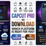 Premium YouTube-style tech graphic. Center Headline: CAPCUT PRO DOWNLOAD Left Side: Laptop showing CapCut desktop editor Right Side: iPhone and Android displaying CapCut timeline Bottom: "PC • Mac • Android • iPhone" Background: Dark gradient with purple and blue lighting effects.