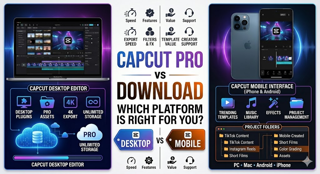 Premium YouTube-style tech graphic. Center Headline: CAPCUT PRO DOWNLOAD Left Side: Laptop showing CapCut desktop editor Right Side: iPhone and Android displaying CapCut timeline Bottom: "PC • Mac • Android • iPhone" Background: Dark gradient with purple and blue lighting effects.