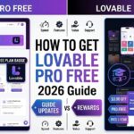 A modern SaaS-style comparison graphic. Center: Large headline: "How to Get Lovable Pro Free" Left Side: Lovable dashboard mockup Credit counter Free plan badge Right Side: Stack of app screens Website builder interface Discount tags Student offer badge Bottom: "2026 Guide" Colors: Purple, blue, black gradient with premium startup aesthetic.