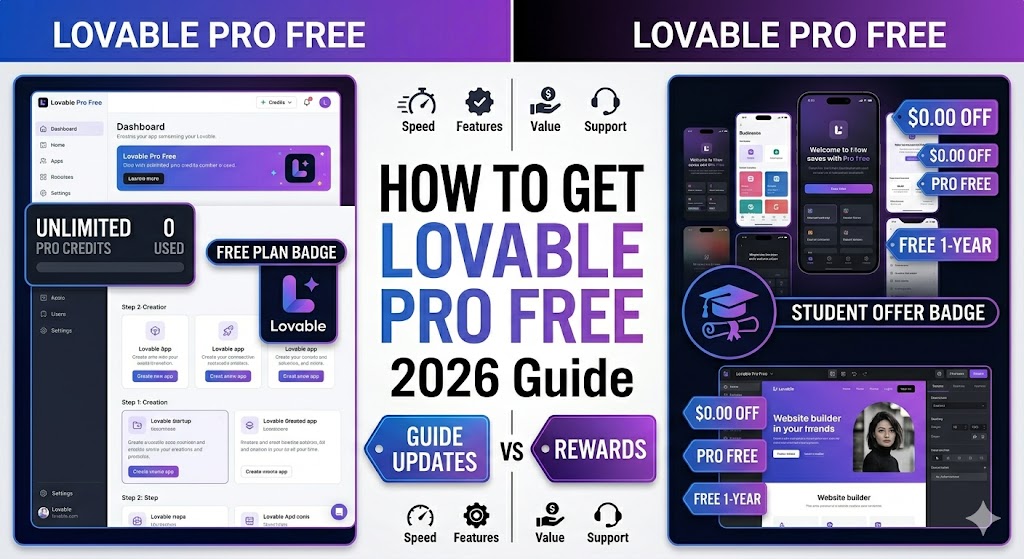 A modern SaaS-style comparison graphic. Center: Large headline: "How to Get Lovable Pro Free" Left Side: Lovable dashboard mockup Credit counter Free plan badge Right Side: Stack of app screens Website builder interface Discount tags Student offer badge Bottom: "2026 Guide" Colors: Purple, blue, black gradient with premium startup aesthetic.